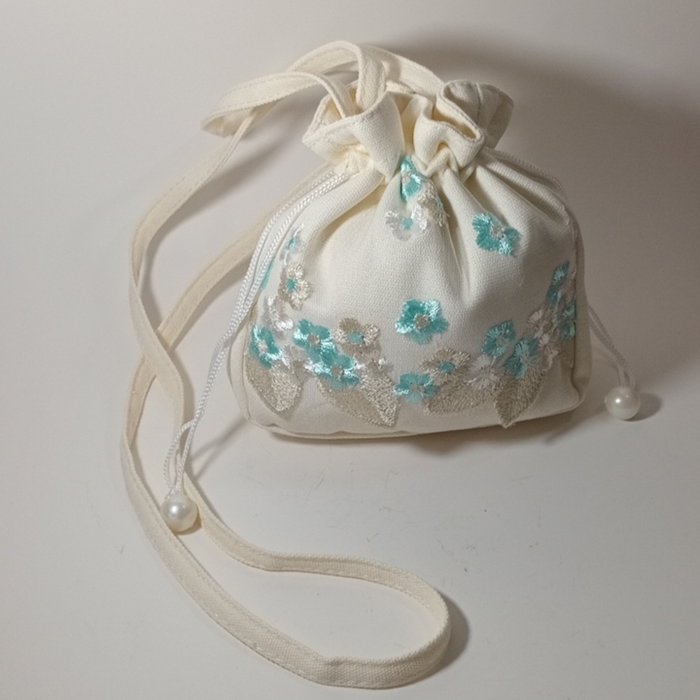 Women's Bucket Handbag Drawstring Purse  Ivory Bridal Embroidery Flowers Blue